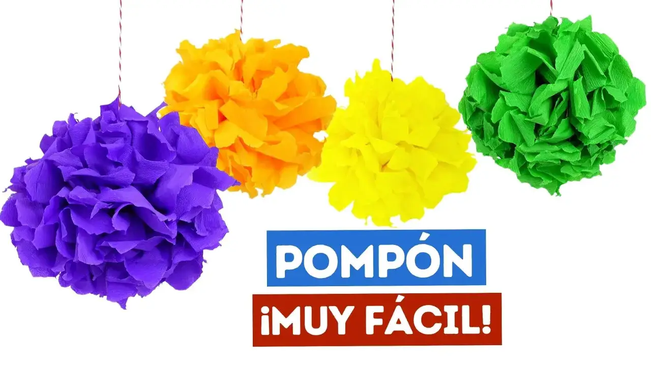 Pompones de papel pinocho morado, naranja, amarillo y verde, ¡muy fáciles de hacer!