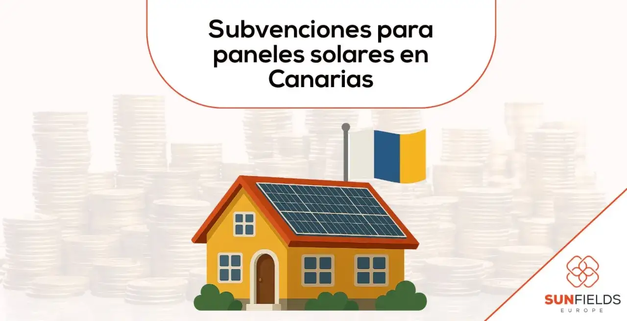 Casa con paneles solares y bandera de Canarias. Montones de monedas sugieren subvenciones para placas solares en Canarias.