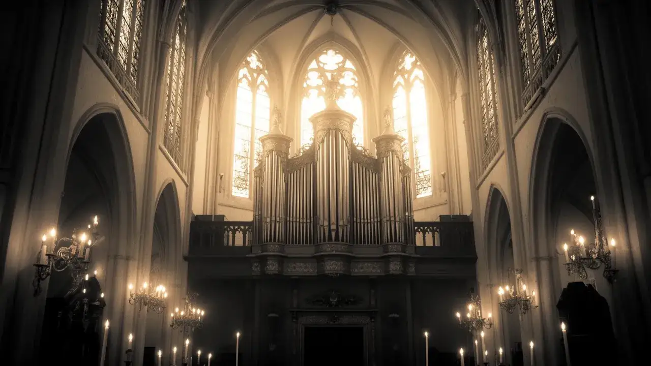 Organo maestoso in una chiesa illuminata da candele, pronto a suonare una solenne canzone funerale.
