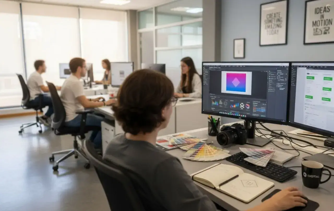 Diseñadores gráficos trabajando en una oficina moderna. Uno de ellos, con muestras de color, usa el ordenador para crear un logo. Esto es smma que es.