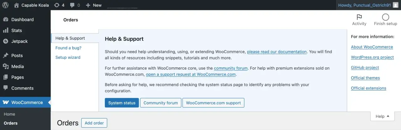 Panel pomocy technicznej WooCommerce. Dowiedz się, woocommerce co to jest i jak uzyskać wsparcie.