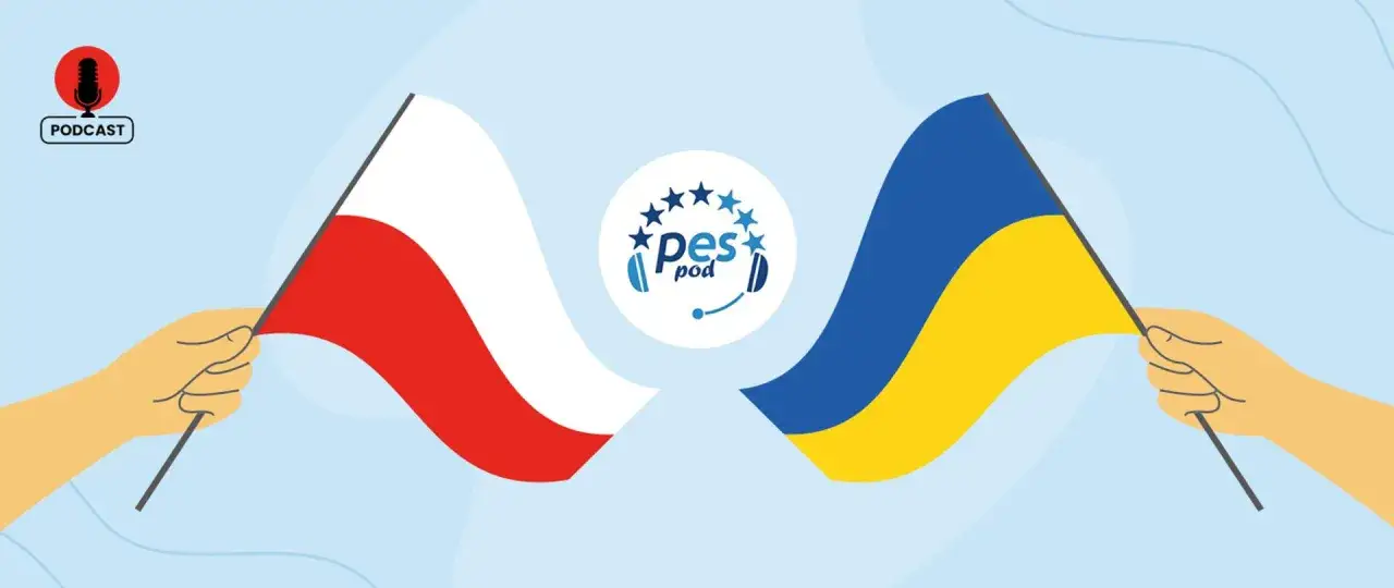 Podcast o specustawie Ukraina. Dwie ręce trzymają polską i ukraińską flagę.