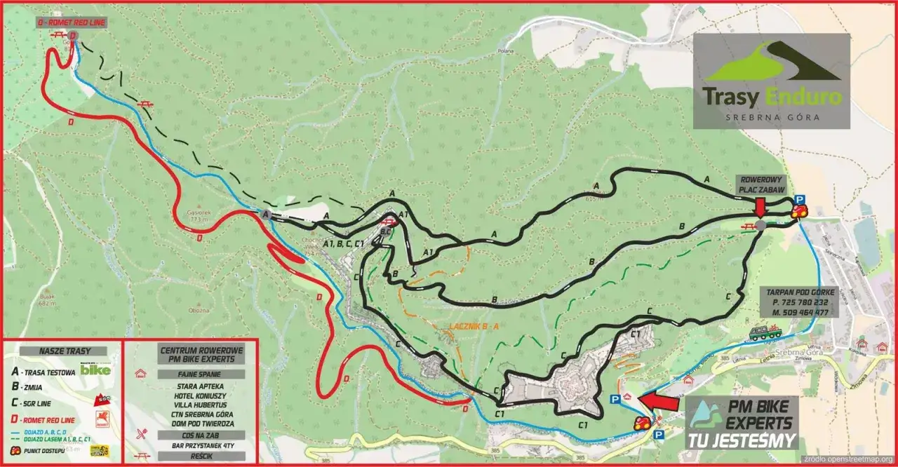 Mapa tras rowerowych Dolny Śląsk: czerwona linia D-Romet Red Line i inne szlaki Enduro w Srebrnej Górze.