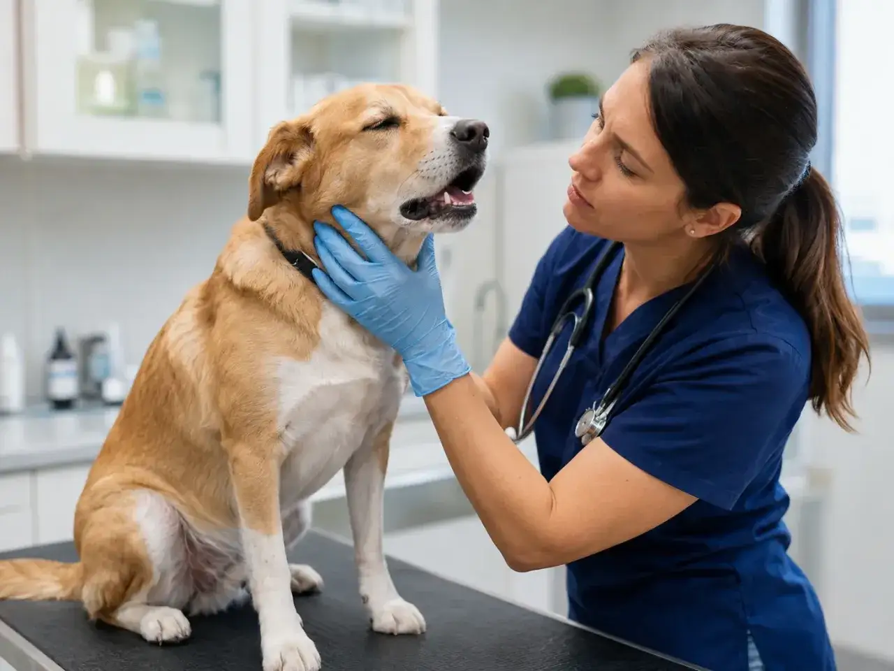 Veterinaria examina a un perro con tos de las perreras. El can está sentado en la mesa de exploración, con la boca abierta, mientras la veterinaria, con guantes azules, le acaricia el cuello.