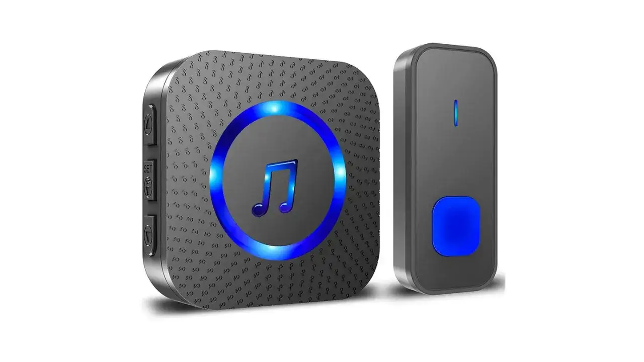 Dos tipos de timbre: uno receptor con nota musical y luz azul, y un transmisor con bot&oacute;n azul.