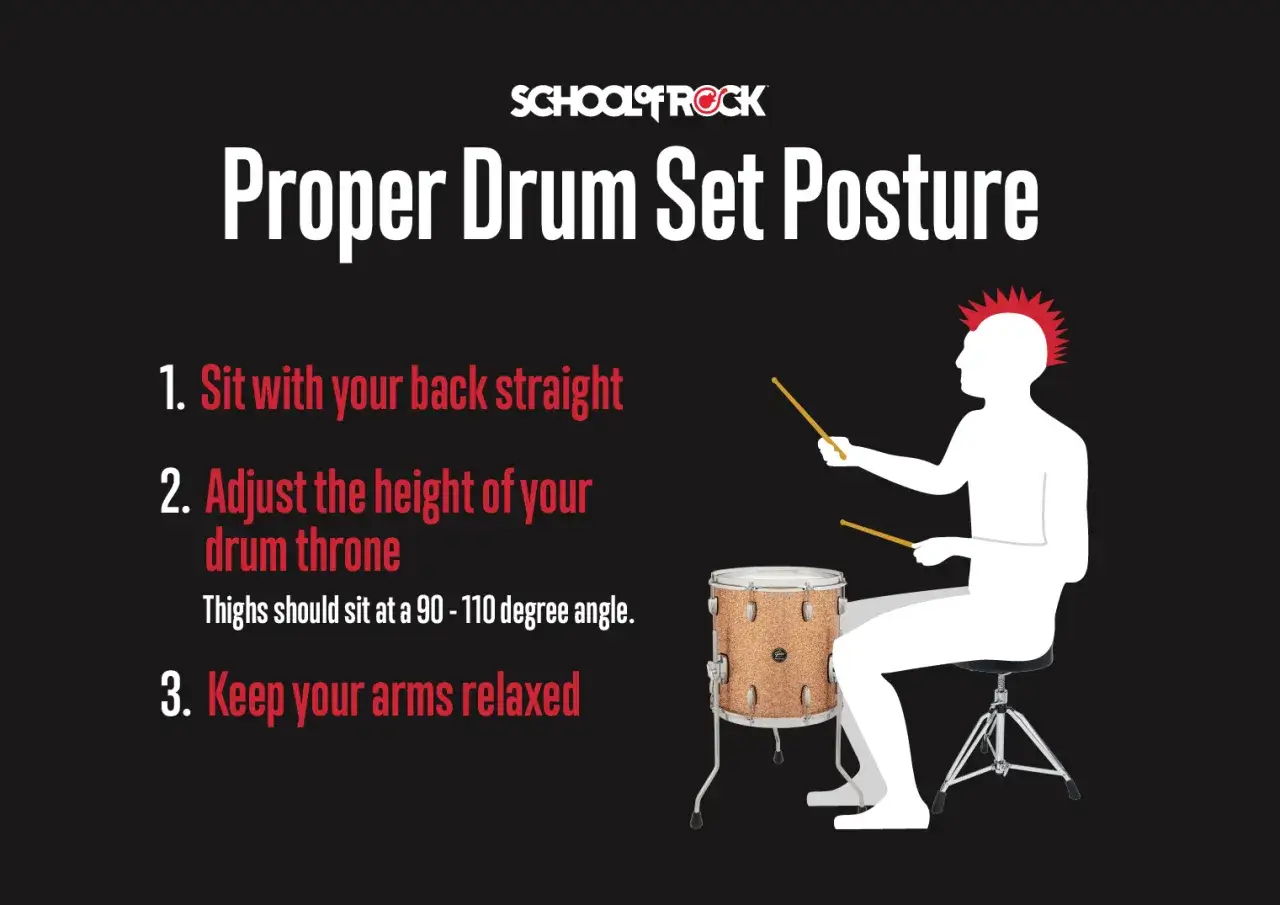 Apprenez &agrave; bien vous asseoir pour jouer du tambour avec une posture id&eacute;ale : dos droit, hauteur de si&egrave;ge ajust&eacute;e et bras d&eacute;tendus.