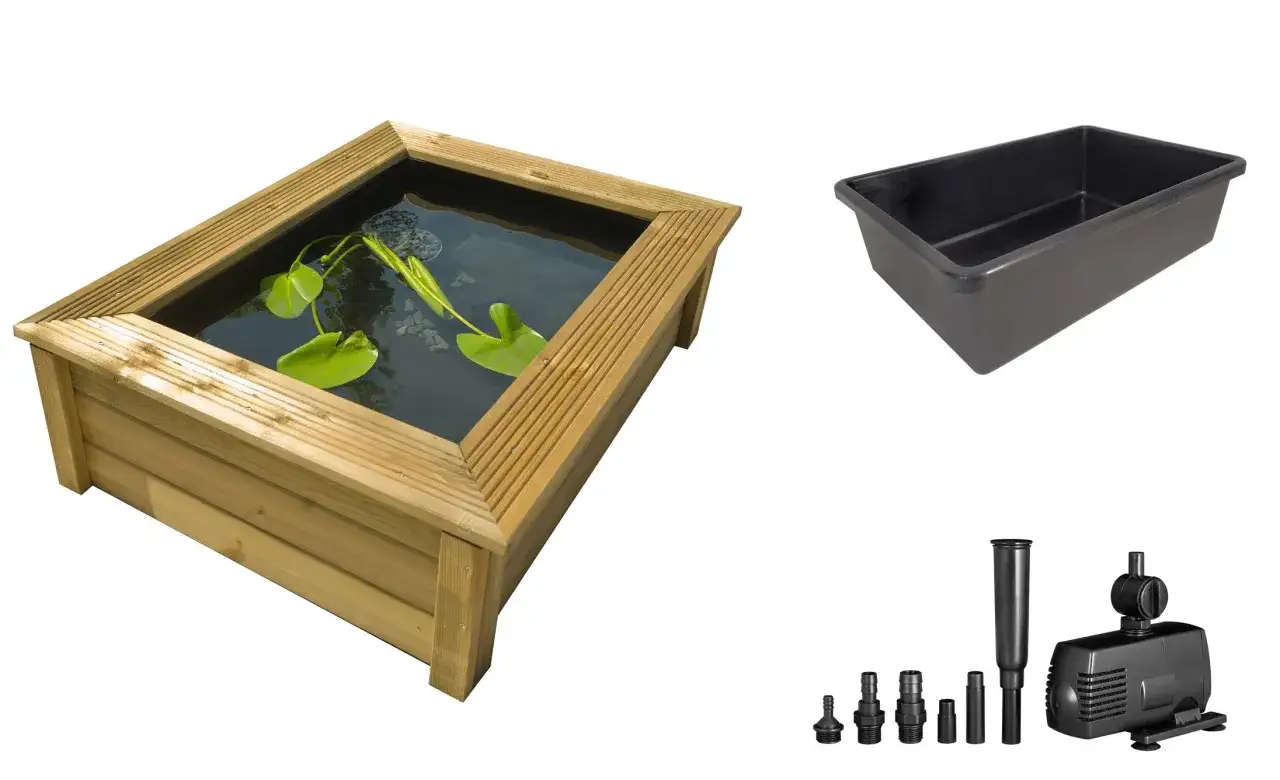 Kit pour installer un bassin préformé hors sol : bac, pompe et accessoires.