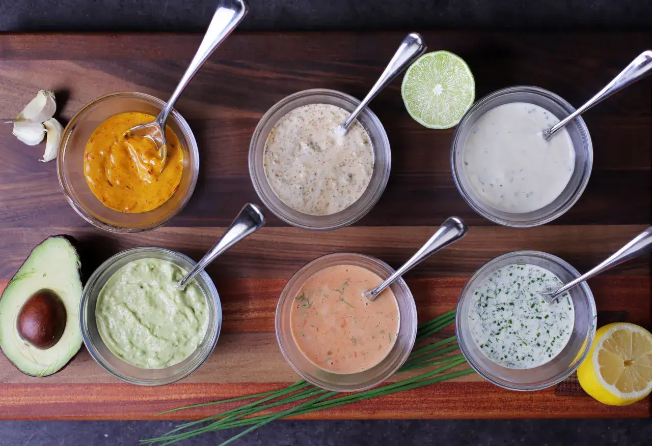 Six sauces cr&eacute;meuses dans des bols en verre, id&eacute;ales pour remplacer la mayonnaise. On y trouve des ingr&eacute;dients comme l'avocat, l'ail, le citron et la ciboulette.