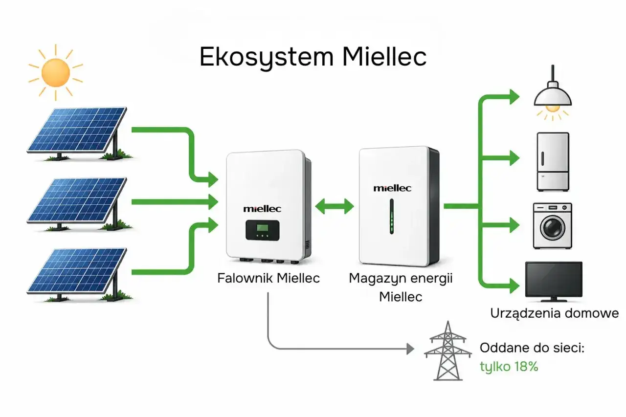 Schemat pokazuje, jak fotowoltaika na własne potrzeby zasila domowe urządzenia. Panele słoneczne, falownik i magazyn energii Miellec tworzą ekosystem.
