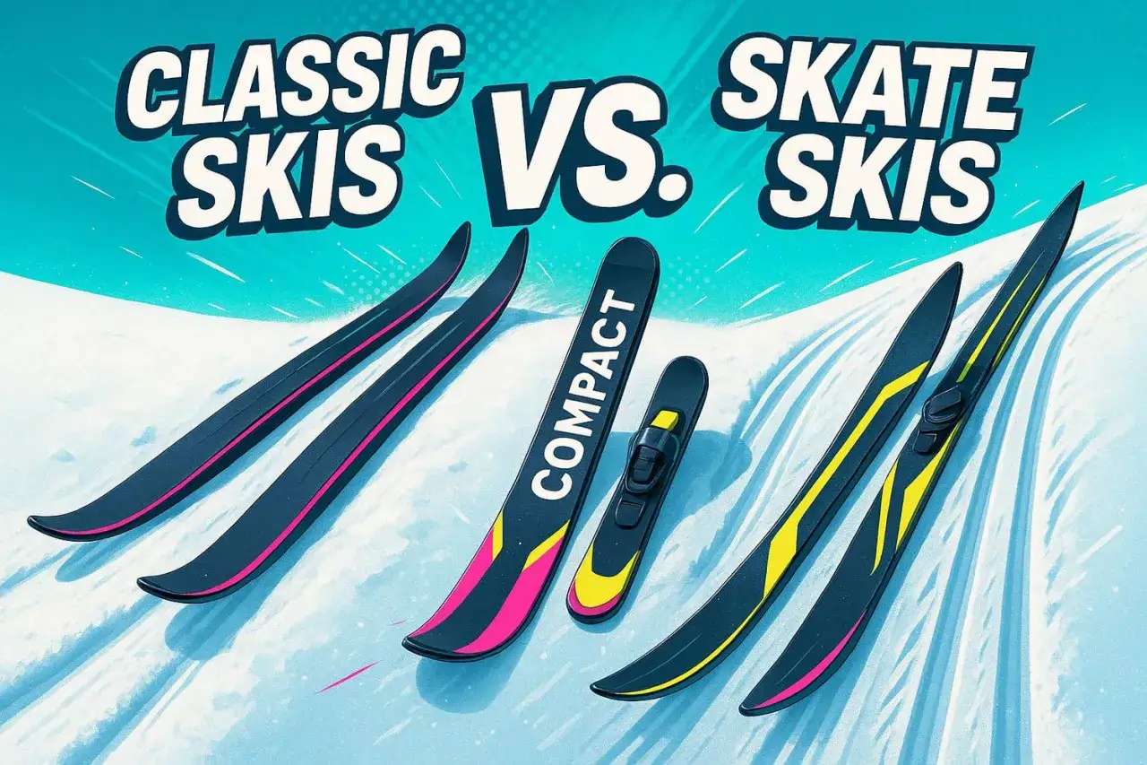 Klassiska, skate och kompakta skidor. Bilden visar olika typer av skidor och kan ge en hint om hur l&aring;nga skidor man ska ha f&ouml;r olika stilar.