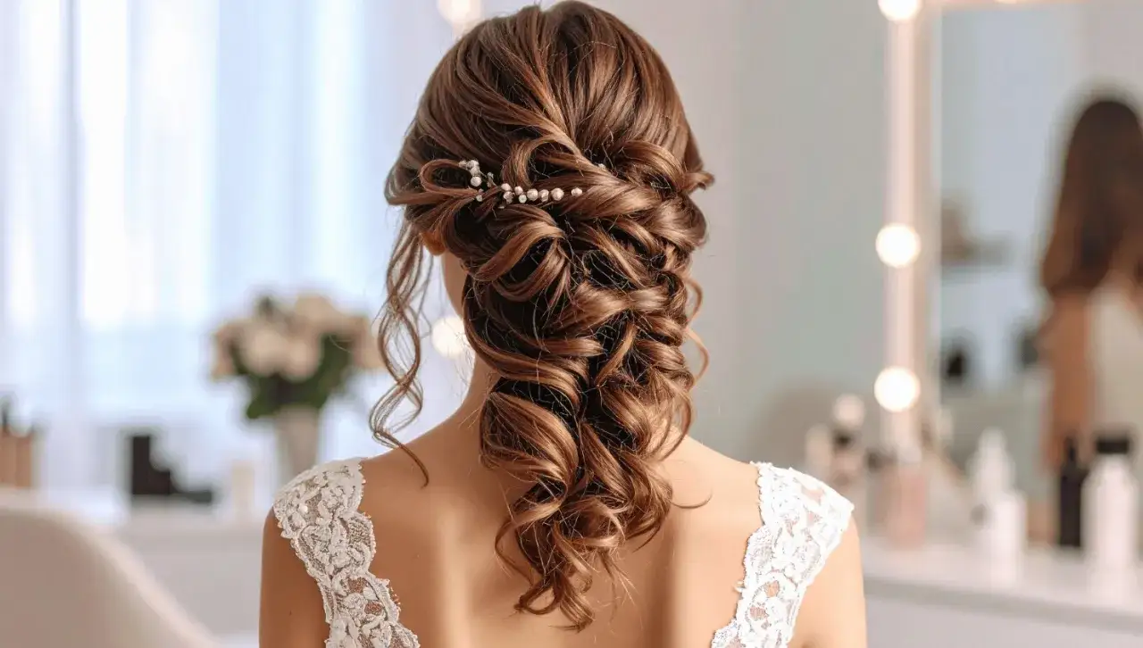 Eleganckie, luźne upięcia włosów na wesele z perłowymi ozdobami. Delikatne fale i warkocze tworzą romantyczny look.