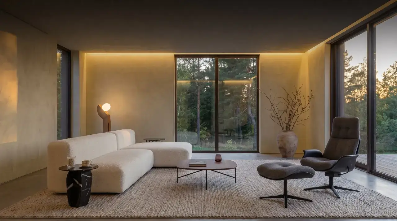 Ein Wohnzimmer, das puristisch wohnen verk&ouml;rpert: cremefarbene Couch, dunkler Sessel, Holztisch und ein gro&szlig;er Teppich vor Panoramafenstern mit Waldblick.