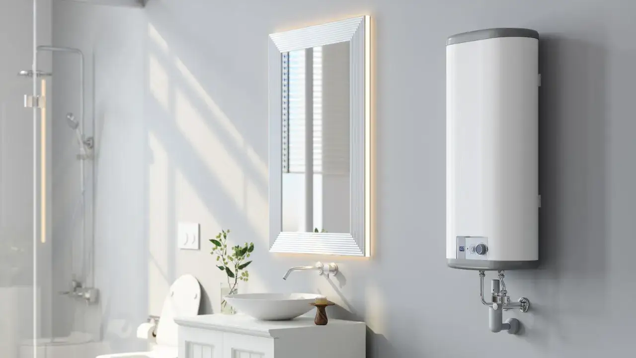 Moderner **boiler im bad** neben einer Dusche, einem Waschbecken und einem beleuchteten Spiegel.
