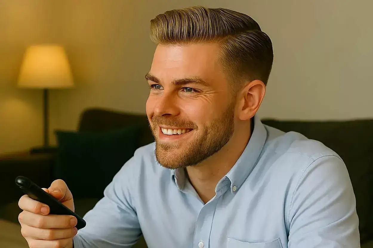 Homme souriant avec une coupe pompadour homme impeccable, tenant une télécommande.