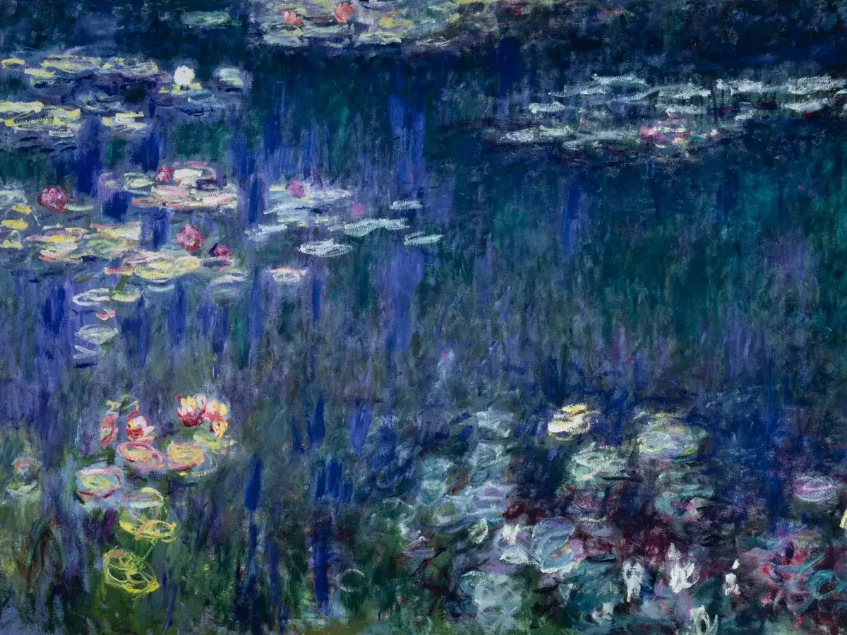 Un étang de nénuphars aux couleurs vives, typique des séries de Claude Monet. Les reflets bleus et verts dominent, avec des touches de rose et de jaune sur les fleurs.