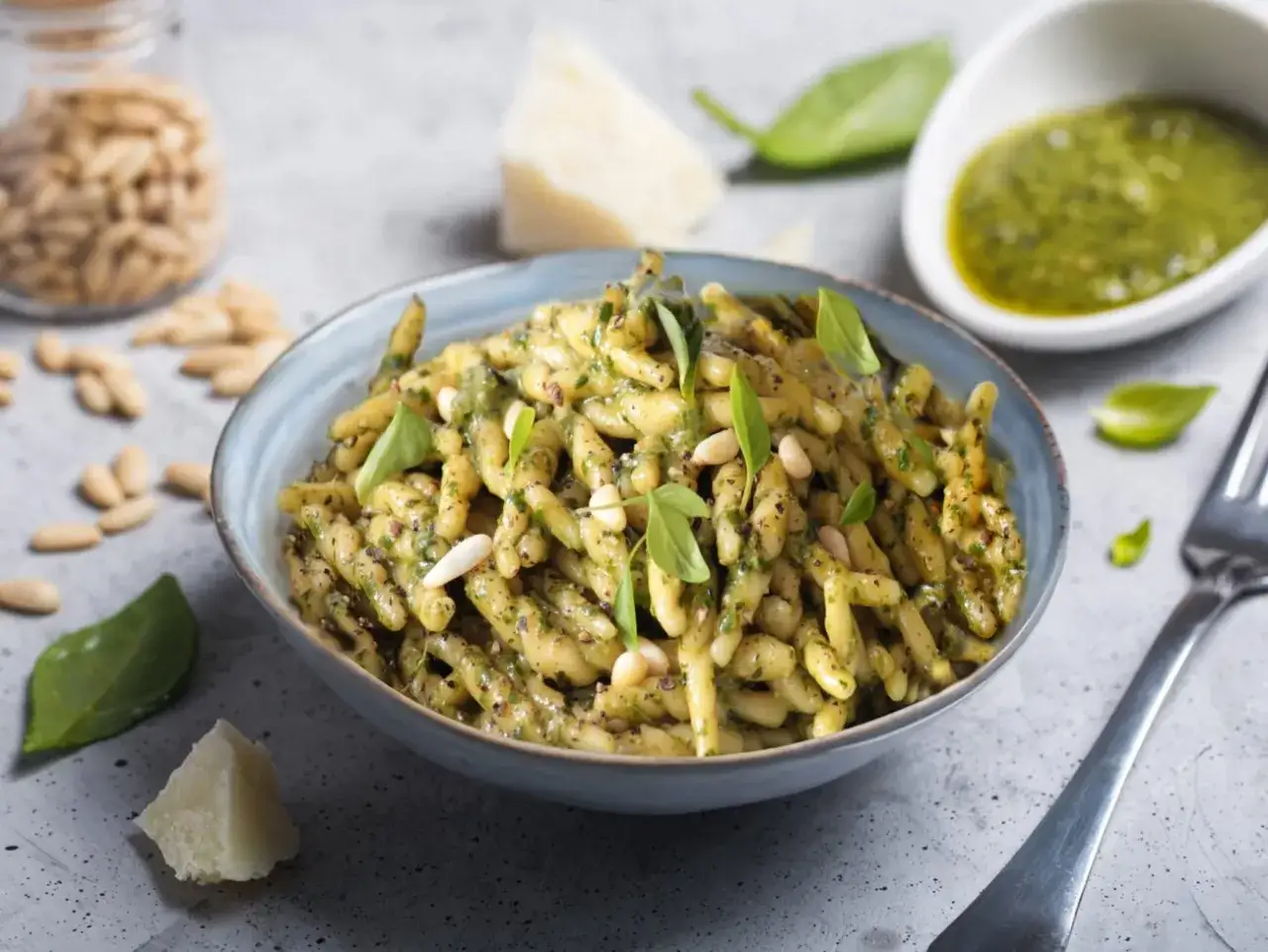 Piatto di trofie condite con la ricetta pesto genovese originale, guarnito con pinoli e basilico fresco.