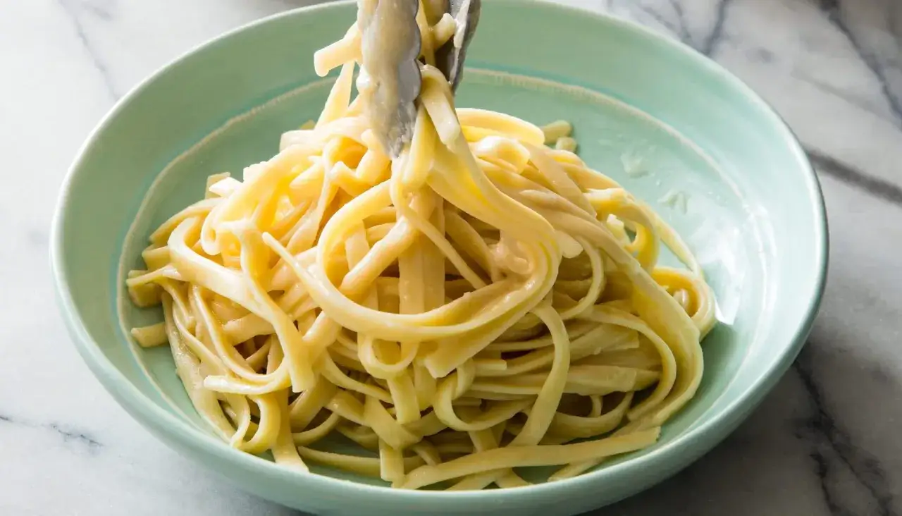 Porcja kremowego sosu alfredo z makaronem fettuccine, podana w miętowej misce.