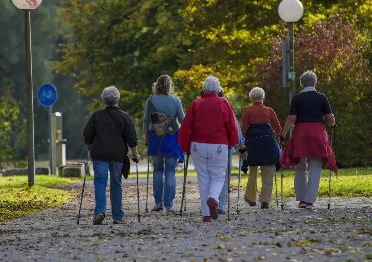 Grupa os&oacute;b w średnim wieku i starszych, uprawiająca **nordic walking** na ścieżce w parku, otoczona jesienną zielenią.