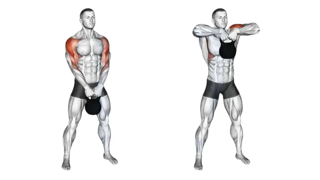 Man utför kettlebell rodd. Bilden visar en man som håller en kettlebell framför sig, sedan lyfter den upp till axlarna.
