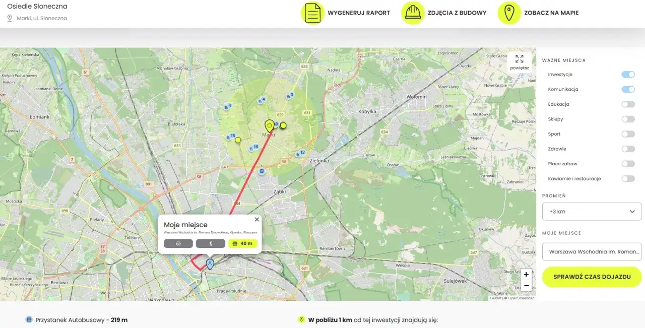 Mapa pokazuje osiedle Słoneczna w Markach, jedno z miast obok Warszawy. Widoczne są okolice, drogi i zaznaczone punkty.