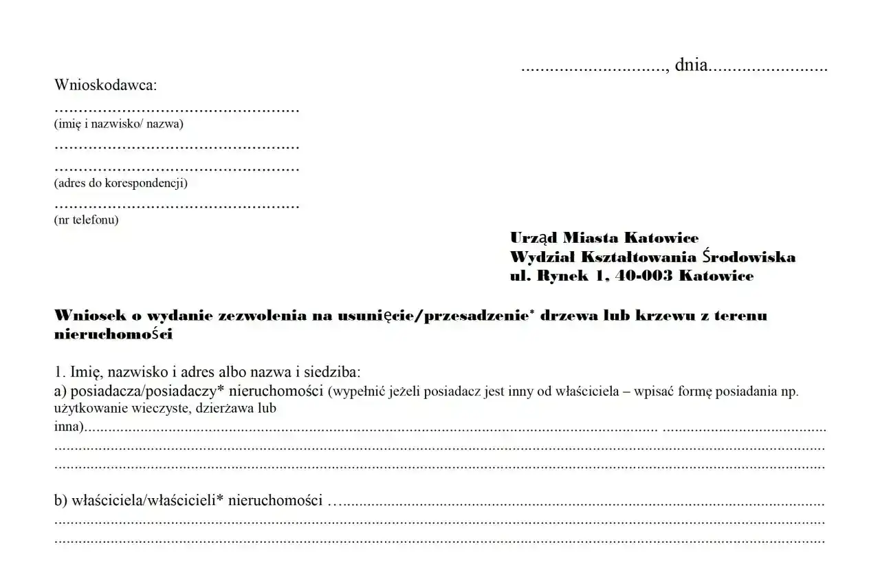 Formularz wniosku o wydanie zezwolenia na usunięcie drzewa lub krzewu z terenu nieruchomości.