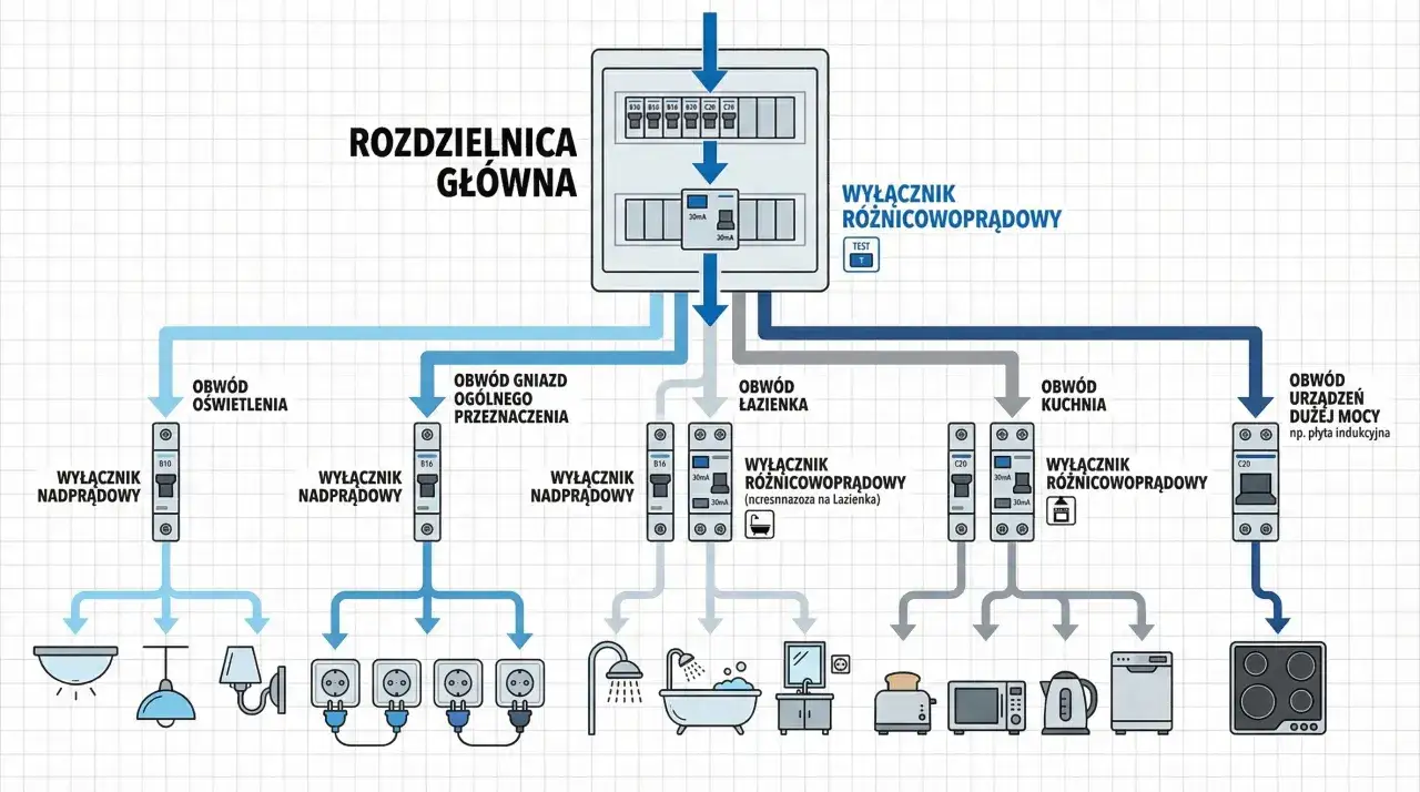 Schemat przedstawia projekt instalacji elektrycznej domu, od rozdzielnicy gł&oacute;wnej po poszczeg&oacute;lne obwody: oświetlenia, gniazd og&oacute;lnego przeznaczenia, łazienki, kuchni i urządzeń dużej mocy.