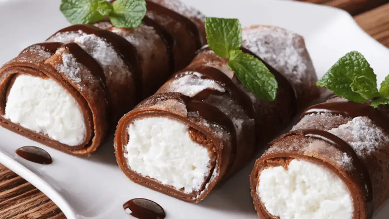 Deliziose crepes dolci al cioccolato, ripiene di crema bianca e guarnite con cioccolato fuso, zucchero a velo e menta fresca.