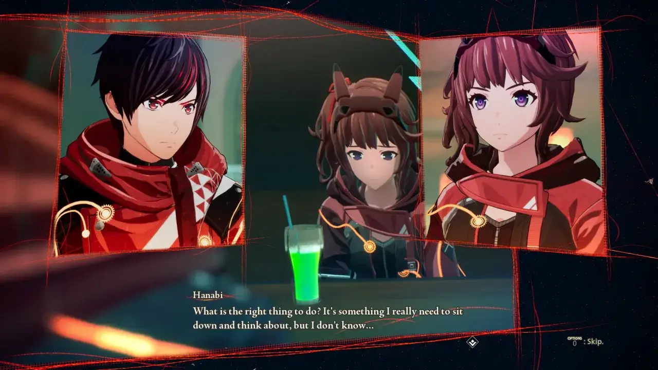 Trzy postacie z gry Scarlet Nexus, w tym Hanabi, rozmawiają. W tle zielony napój. Spolszczenie gry dodaje głębi tej scenie.