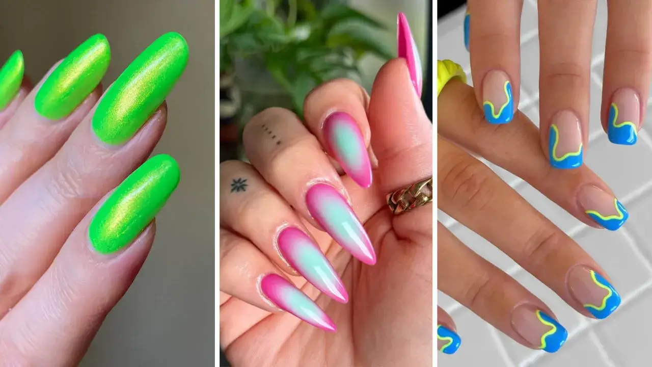 Neonowe, gradientowe i geometryczne wzory na paznokciach. Efekt aura nails w neonowej zieleni, różowo-miętowym ombre i niebiesko-żółtych falach.