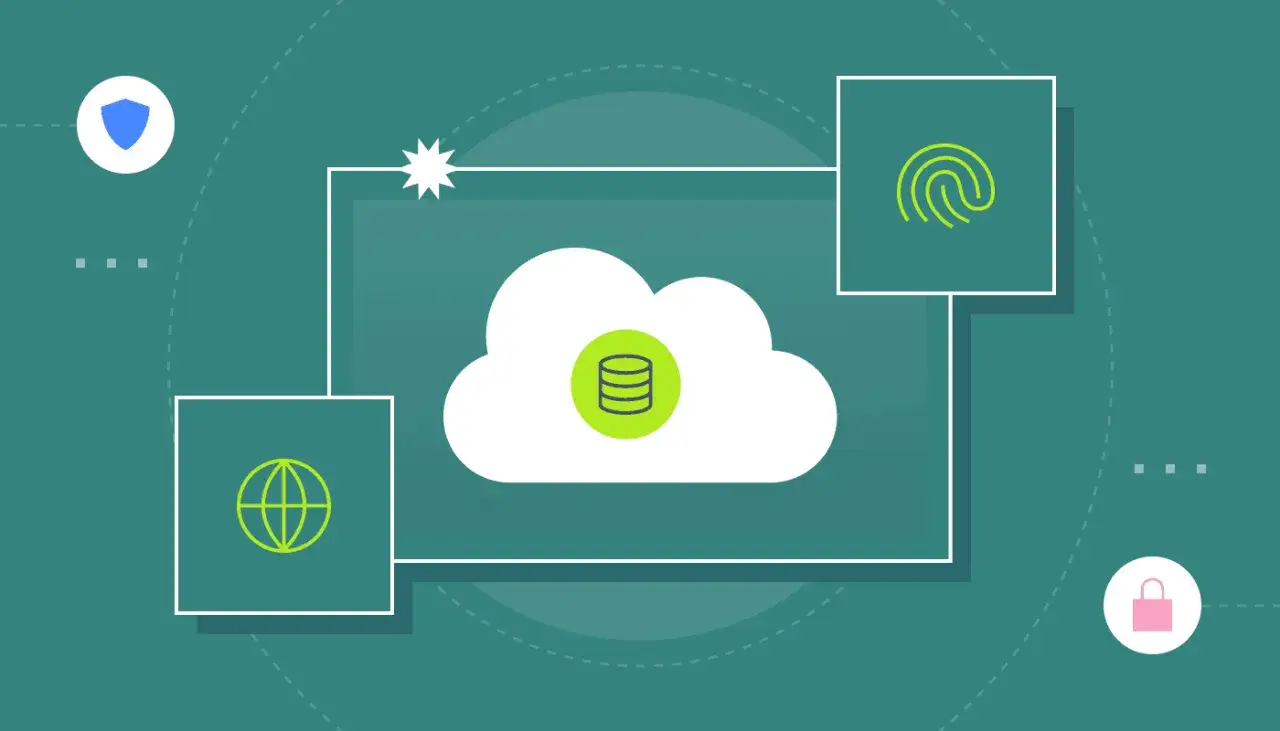 Secure cloud storage with a shield, fingerprint, and globe icons. This is an encrypted Dropbox alternative.