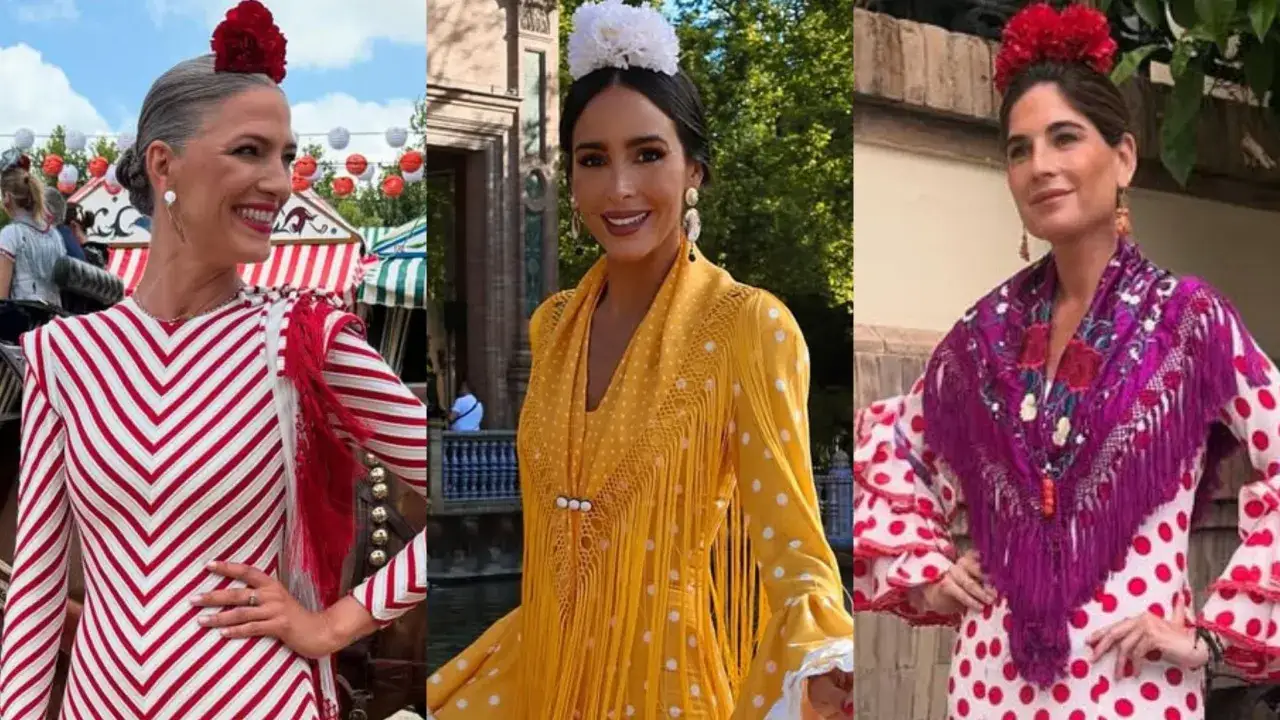 Tres mujeres famosas vestidas de flamenca, con trajes de rayas rojas y blancas, amarillo con lunares y blanco con lunares rojos, lucen sus atuendos en un evento.