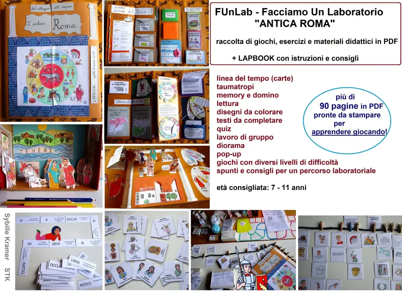 Un lapbook romani da stampare con tante attivit&agrave;: linea del tempo, giochi, diorama e disegni per imparare divertendosi.