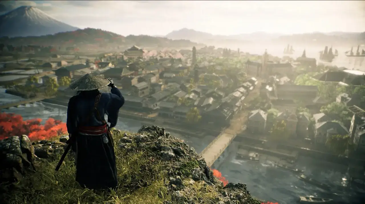 Un samurái observa un pueblo costero con el monte Fuji al fondo. El **rise of the ronin** se siente en el aire.