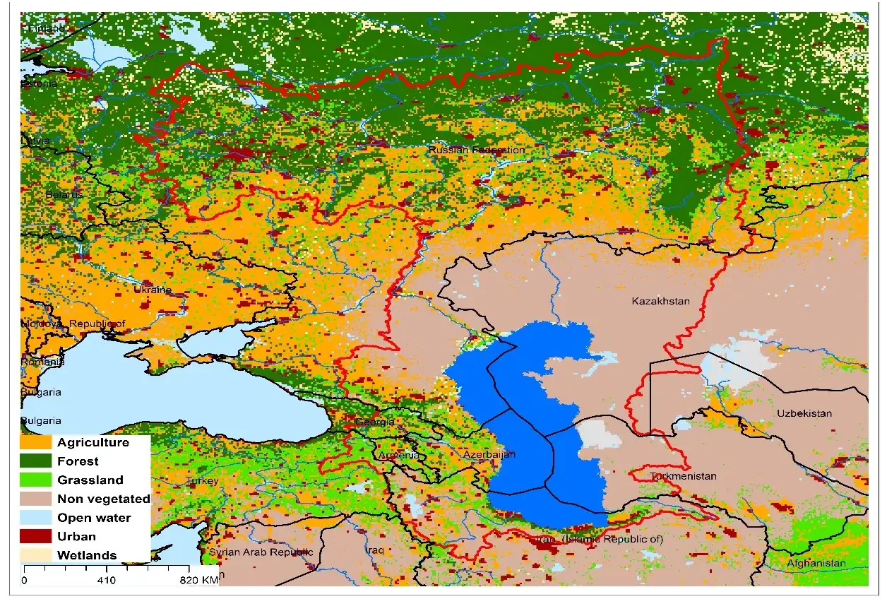 Mapa pokazuje, dlaczego Morze Kaspijskie jest jeziorem: brak połączenia z oceanem, otoczone lądami Rosji, Kazachstanu, Turkmenistanu, Iranu i Azerbejdżanu.