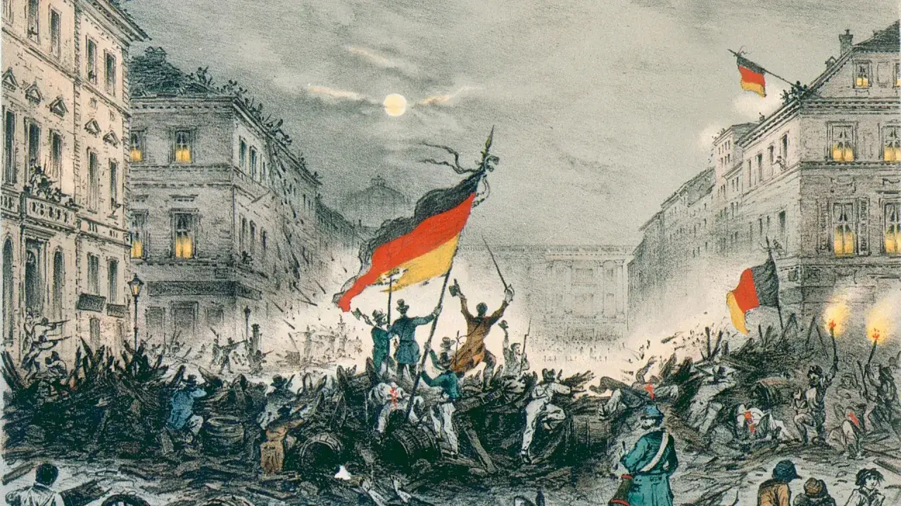 Aufruhr auf einem Stadtplatz, Menschen mit der deutschen Fahne im Zentrum. Ein wichtiger Moment im zeitstrahl revolution 1848.