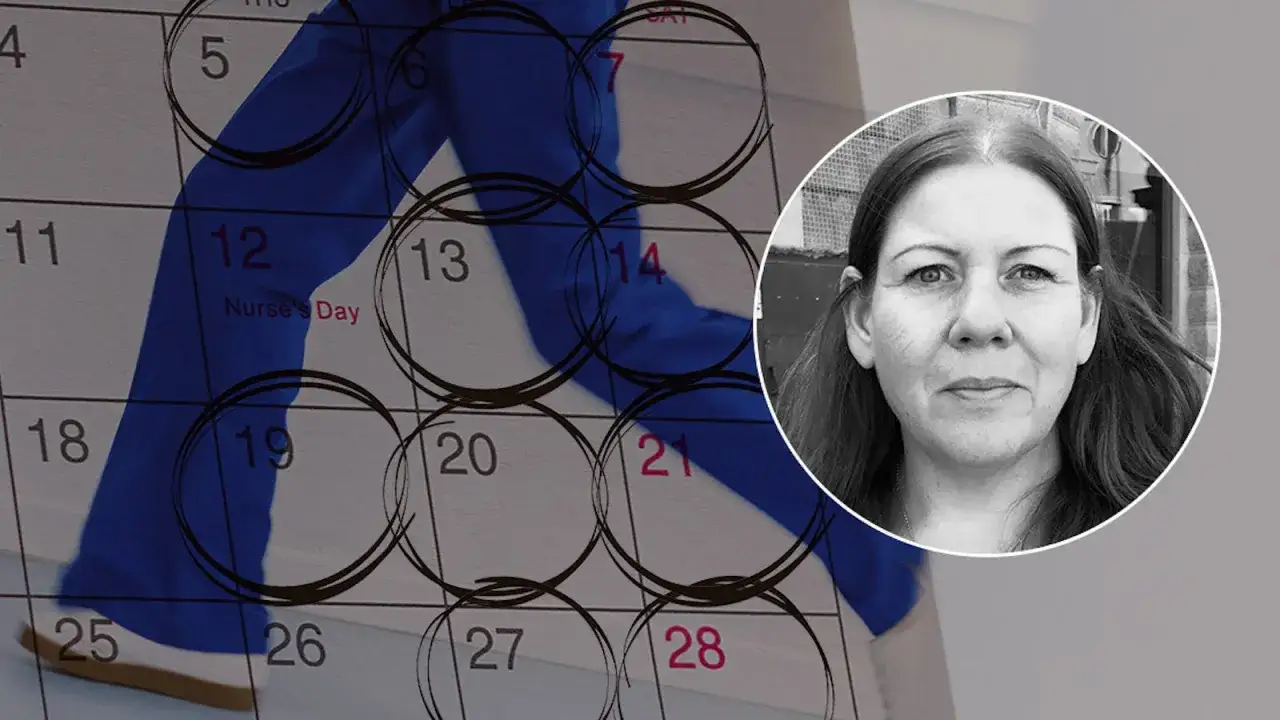 En kalender med markerade datum och en kvinna. Frågan