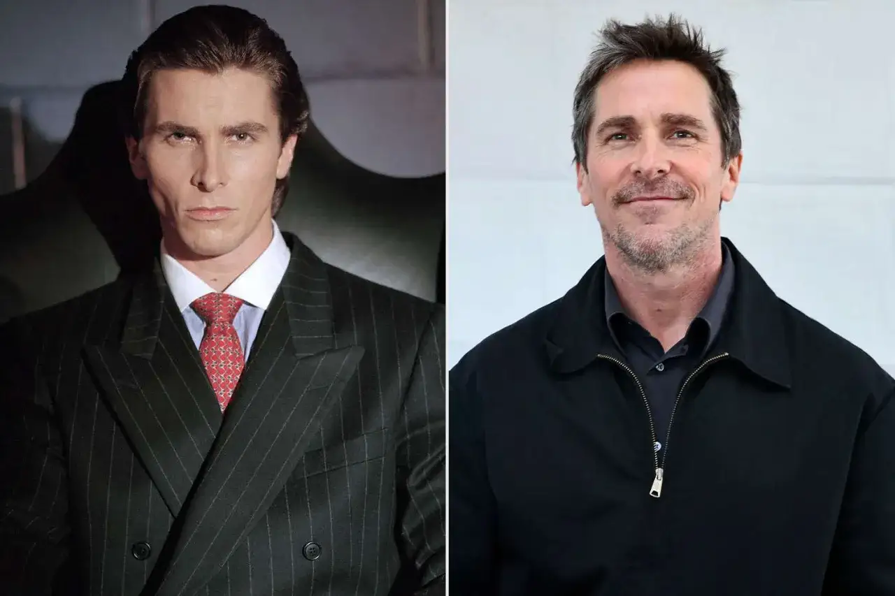 Christian Bale, jeune et en costume pour la distribution d'American Psycho, puis plus âgé et souriant.