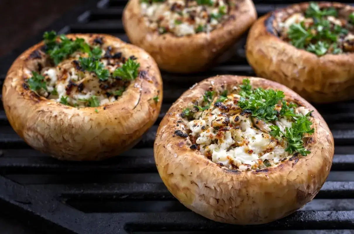 Pyszne pieczarki faszerowane serem i ziołami, grillowane do perfekcji, posypane świeżą natką pietruszki.