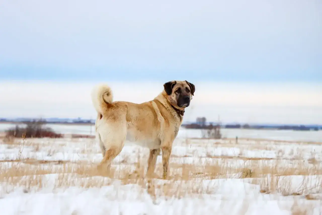 Potężny kangal w zimowej scenerii. Jego imponująca waga i postawa świadczą o sile i czujności.