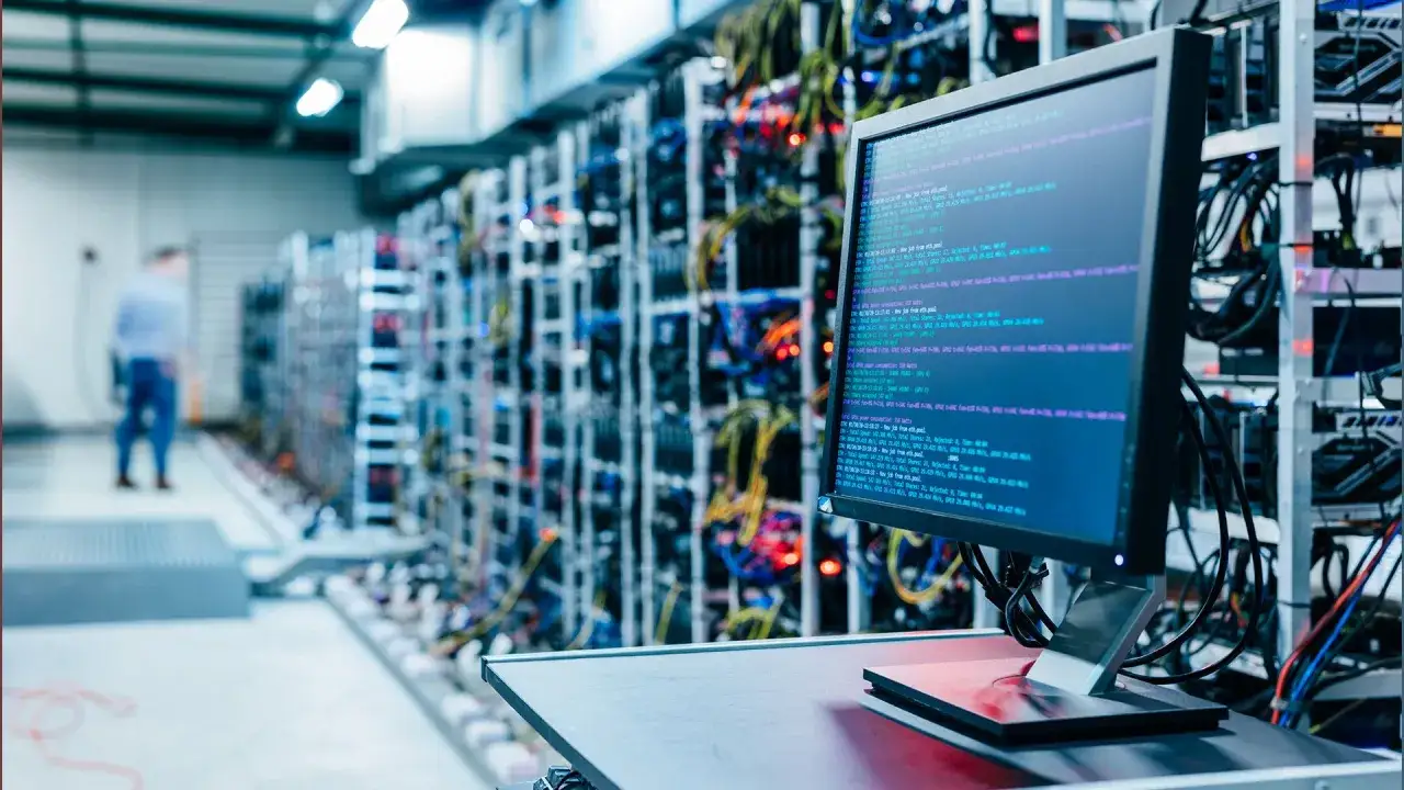 Serwerownia z komputerami do kopania kryptowalut. Na monitorze widać dane o wydajności.