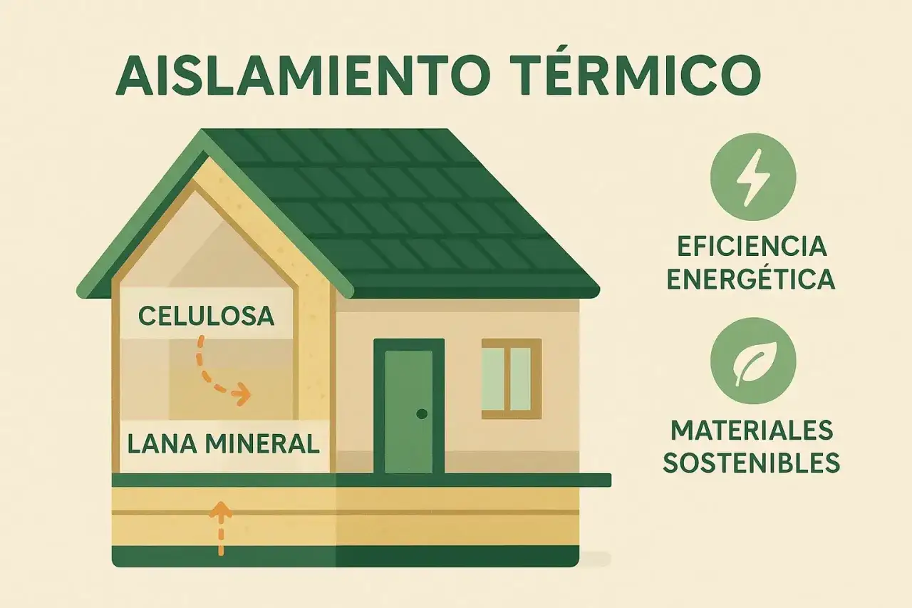Aislamiento t&eacute;rmico en casas con celulosa y lana mineral. Consejos para ahorrar energ&iacute;a y usar materiales sostenibles.