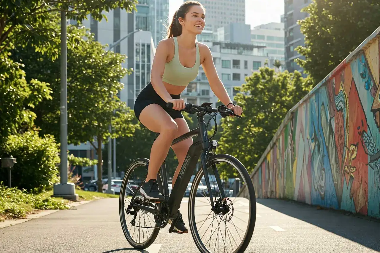 Joven sonríe mientras pedalea en una bici eléctrica por un carril bici urbano, con edificios y un mural colorido de fondo.