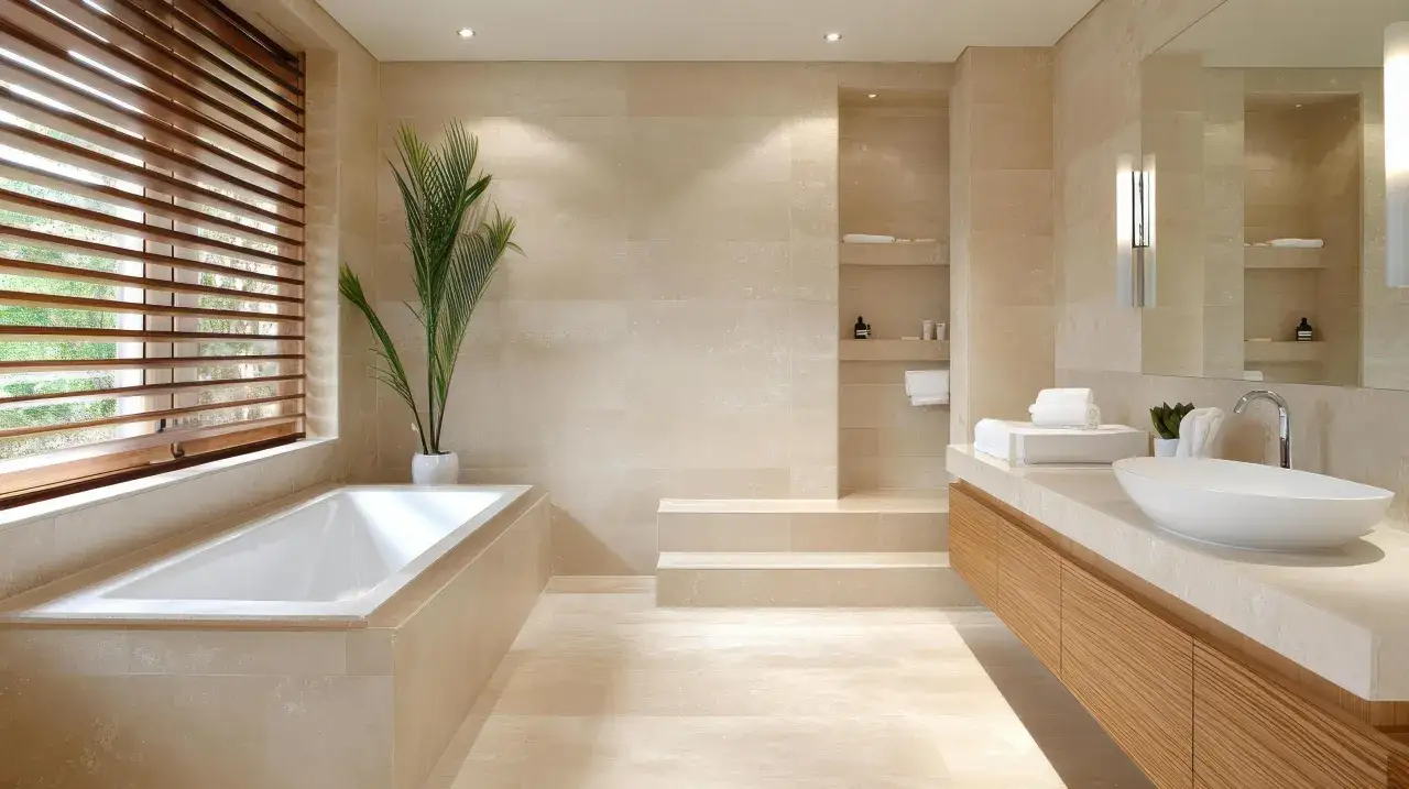 Une **salle de bain nature** aux tons sable, avec baignoire, lavabo, et une plante verte apportant une touche de fraîcheur.