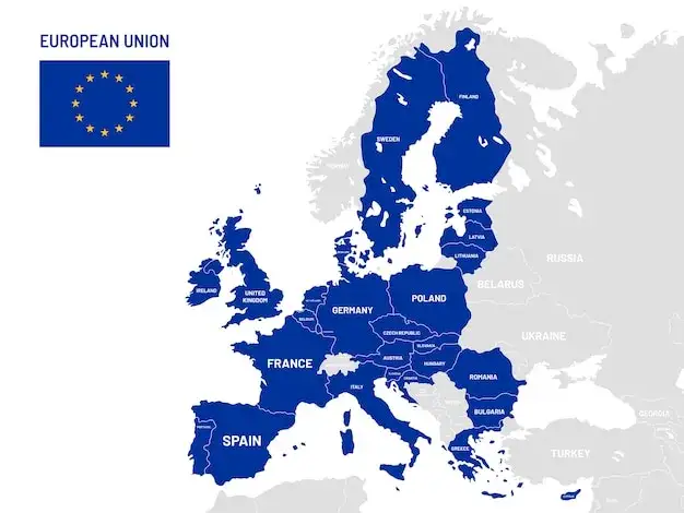 Mapa Unii Europejskiej z zaznaczonymi granicami lub celnik na granicy UE