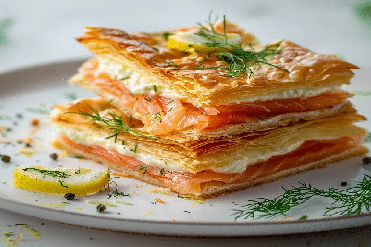Un millefeuille saumon a&eacute;rien, garni de cr&egrave;me onctueuse et de fines herbes, pr&ecirc;t &agrave; &ecirc;tre d&eacute;gust&eacute;.