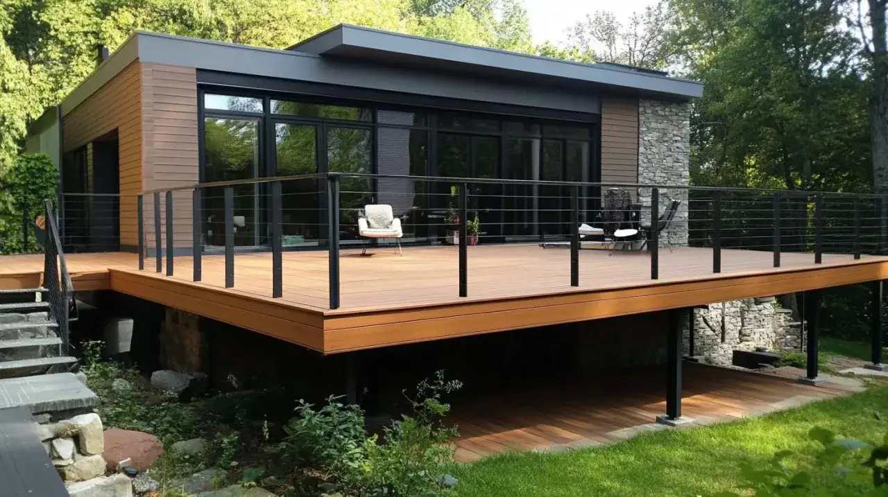 Une **terrasse sur pilotis moderne** s'étend devant une maison aux lignes épurées, offrant un espace extérieur invitant.