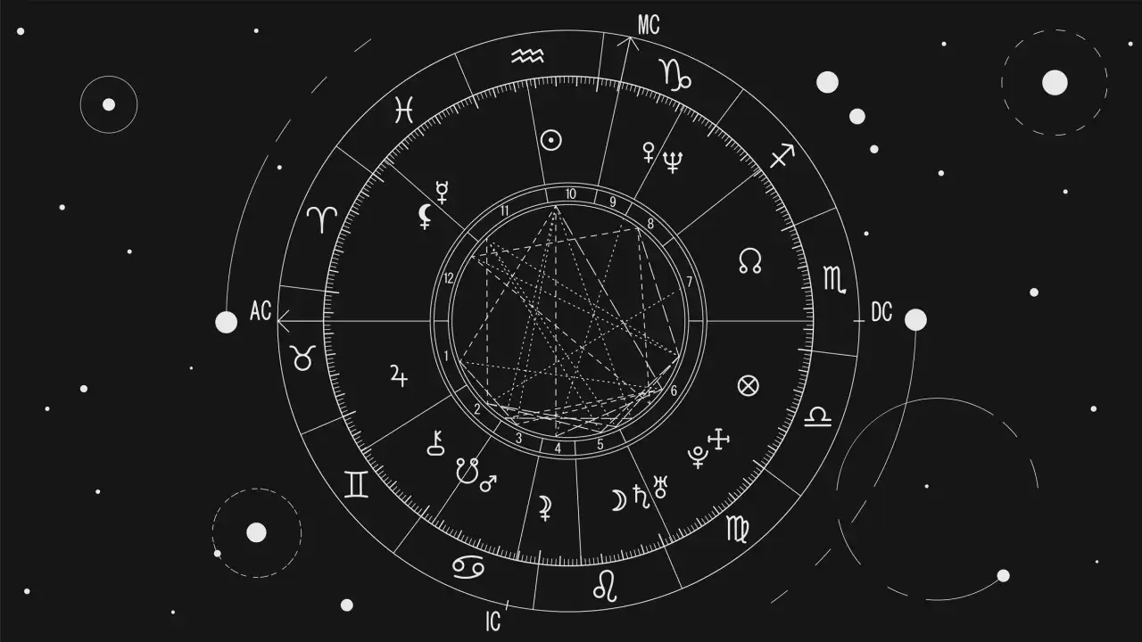 Astrologiczny wykres z symbolami zodiaku i planetami. Jak obliczyć węzeł księżycowy?