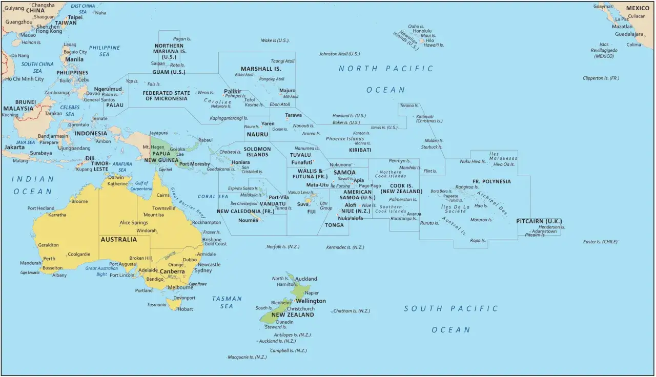 Mapa przedstawia kraje Oceanii, w tym Australię, Nową Zelandię i liczne wyspy Pacyfiku.