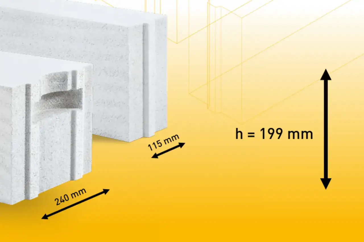 Bloczki Ytong z wymiarami 240 mm i 115 mm, oraz wysokość h = 199 mm.