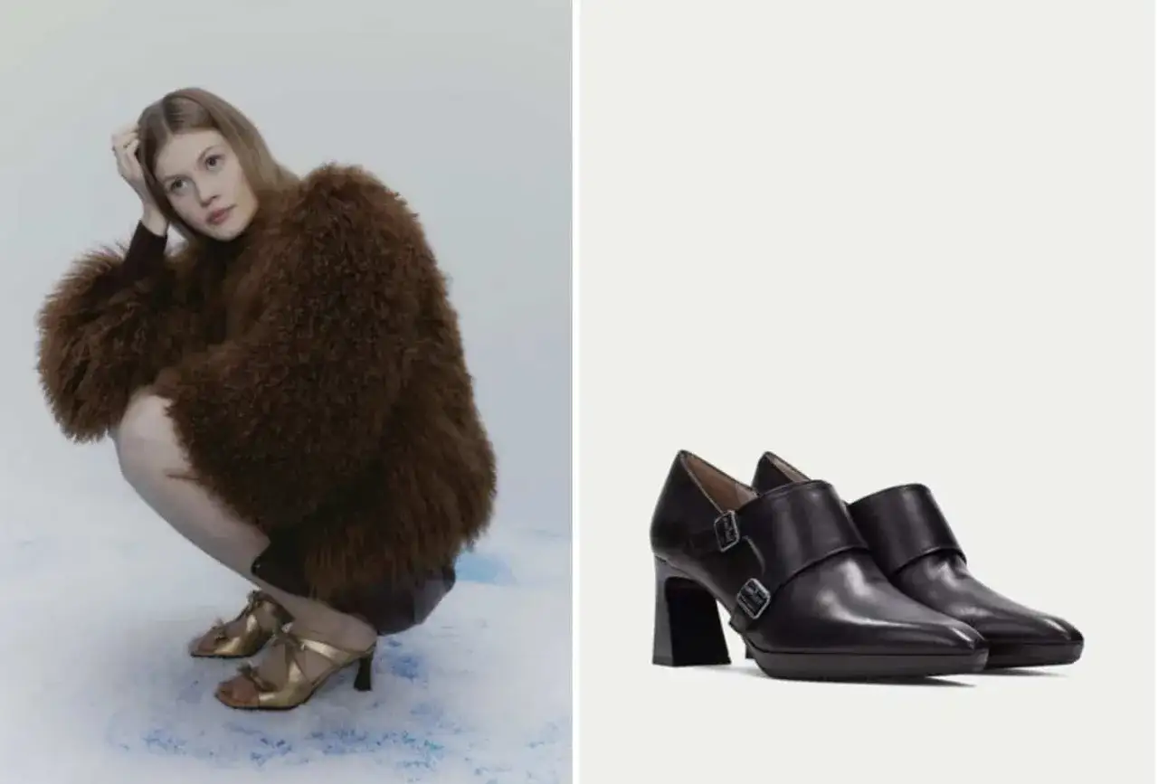Mujer con abrigo de pelo y zapatos dorados, junto a unos zapatos negros de doble hebilla. ¡Un sueño con zapatos!